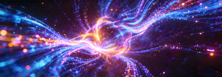 Animasi teknologi digital dengan partikel-partikel cahaya bergerak dinamis