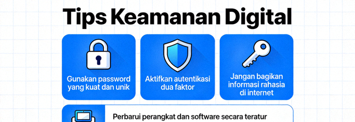 Animasi infografis tentang tips keamanan digital seperti gembok, perisai, dan kunci
