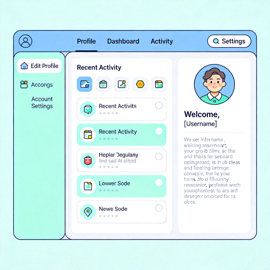 Ilustrasi halaman profil atau dashboard pengguna pada sebuah platform online