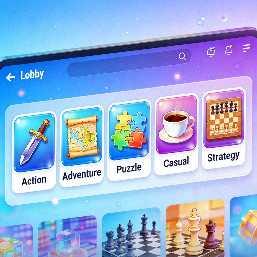 Ilustrasi lobi atau halaman utama sebuah platform hiburan online dengan ikon kategori permainan