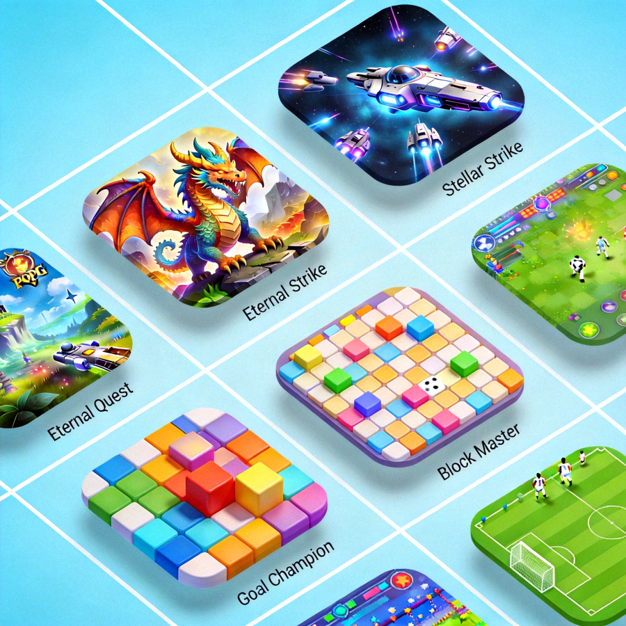 Ilustrasi tampilan galeri atau daftar permainan digital dengan gambar thumbnail